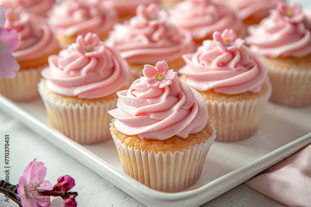 A tray of cupcakes decorated with pink frosting and delicate sugar flowers