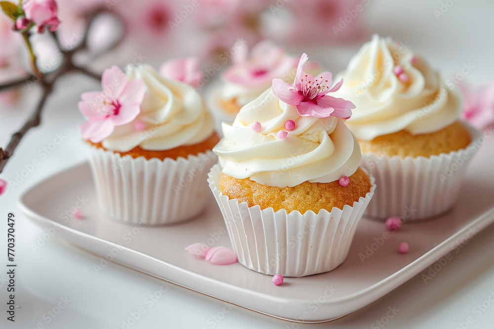 A white tray displays cupcakes adorned with white frosting and pink sugar flowers