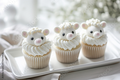 A tray of cupcakes decorated with adorable sheep-shaped frosting