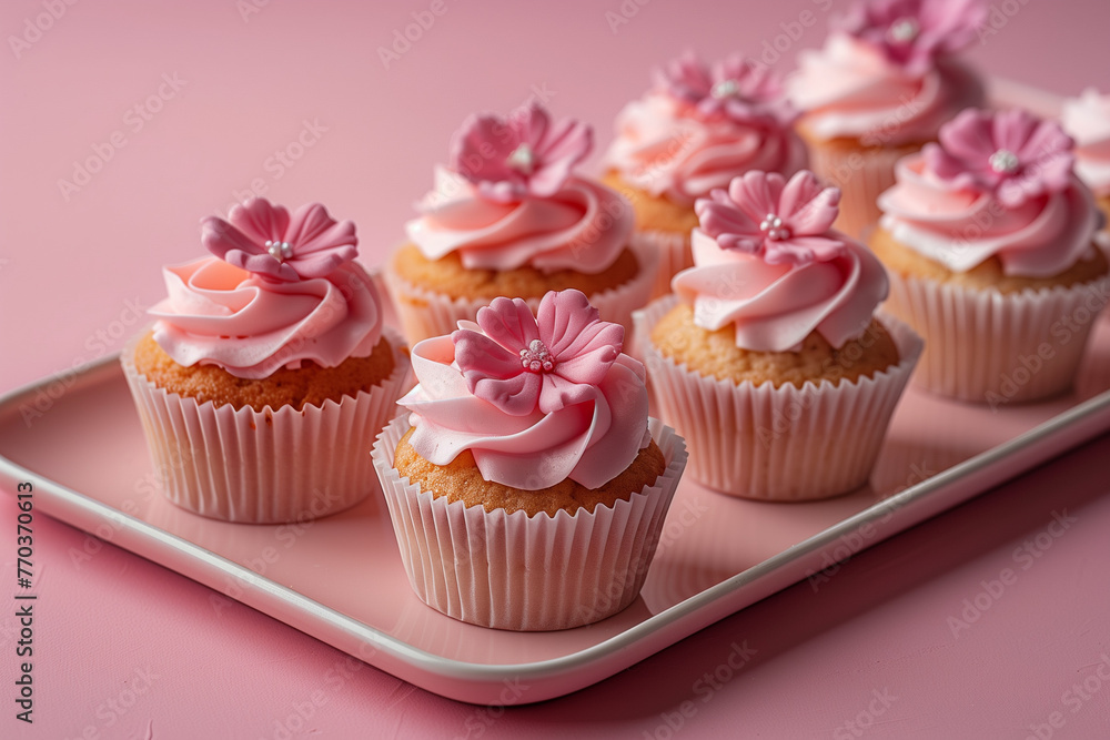 A tray of cupcakes decorated with pink frosting and flower-shaped sprinkles
