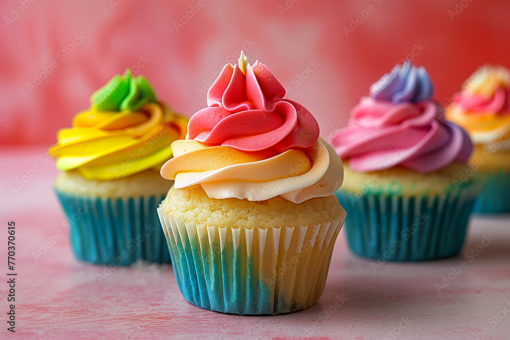 Cupcakes adorned with vibrant, rainbow-like frosting