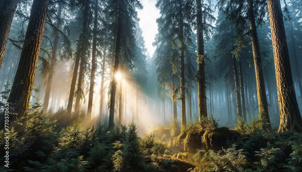 Magnifique paysage forestier, dans la brume, au petit matin, le soleil qui perce au travers des arbres - obrazy, fototapety, plakaty 