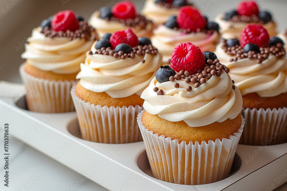 Beautiful cupcakes adorned with blueberries and raspberries atop creamy frosting, are nestled in a paper box