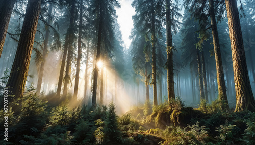 Magnifique paysage forestier, dans la brume, au petit matin, le soleil qui perce au travers des arbres