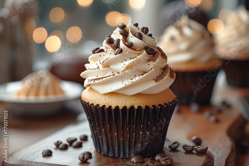 A tempting cupcake crowned with creamy frosting and a touch of coffee beans photo