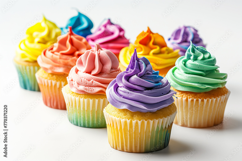 Vivid image showcasing cupcakes with a variety of frosting colors set against a pristine white background