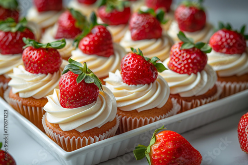 A delightful tray of cupcakes is decorated with fresh strawberries on a bed of frosting