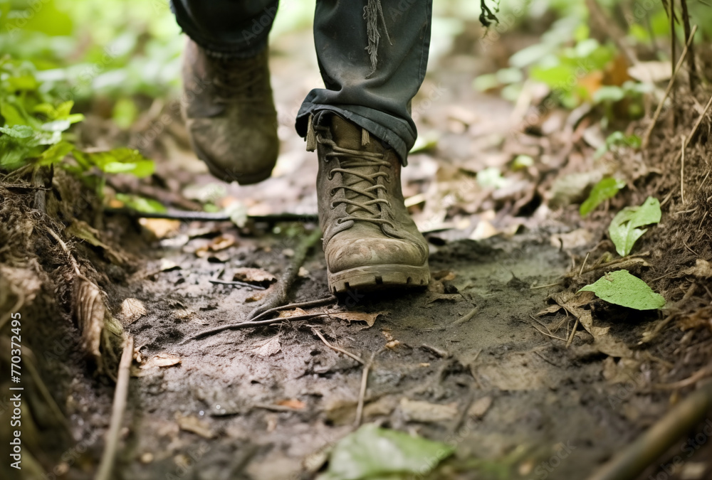 A closeup of the woman's feet as she walks barefoot on an old forest path A closeup of the woman's feet as she walks barefoot on an old forest path