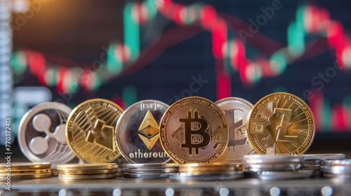 The photo displays various physical coins representing different cryptocurrencies, like Bitcoin and Ethereum, set against a blurry background featuring stock market-style graphs with fluctuating value