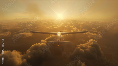 Aircraft flying through cumulus clouds in the sky during sunset