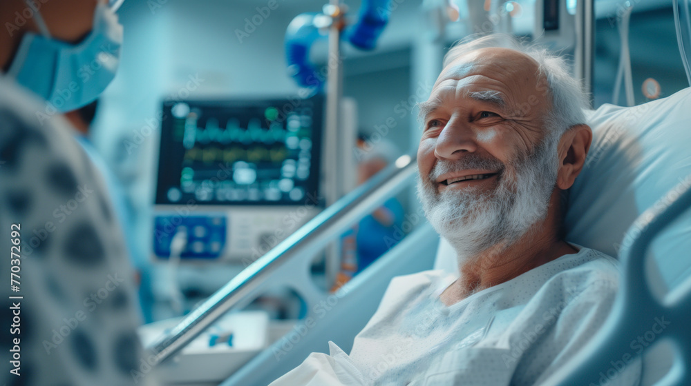 A cheerful elderly man with a white beard showing a smile while resting in a hospital bed. Medical equipment in the background. Concept of hope and recovery. A cheerful elderly man with a white beard showing a smile while resting in a hospital bed. Medical equipment in the background. Concept of hope and recovery.