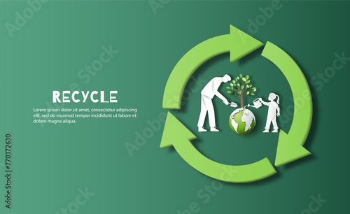 Recycle Symbol, father and daughter help water a tree that emerging from the earth, save the planet , paper illustration, and 3d paper.