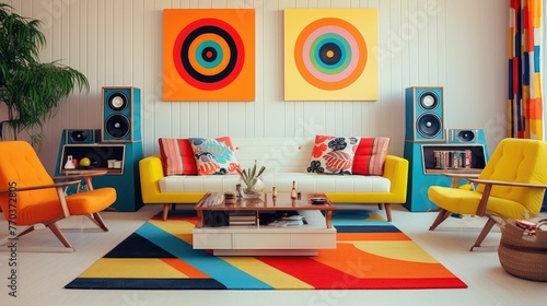 Retro style living room with hi-fi audio turntable. Colorful patterns