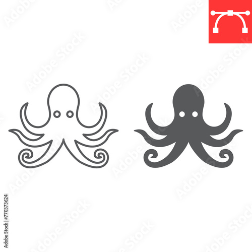Octopus line and glyph icon, seafood and animal, octopus vector icon, vector graphics, editable stroke outline sign, eps 10.