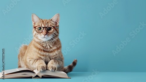 cushy cat with glasses and a book on a blue background