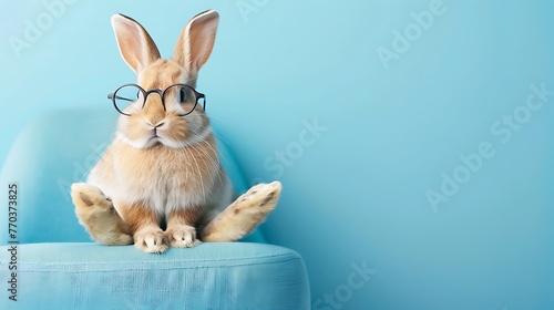 cute bunny rabbit sitting on a seat with glasses on a blue background photo