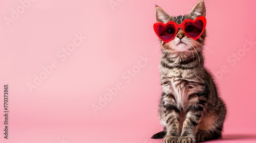 Cute funny cat in red heart shaped sunglasses sits on a pink background © Emma