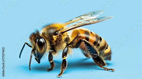 exemplary yellow honey bee sittin on a surface disconnected on blue background © Emma