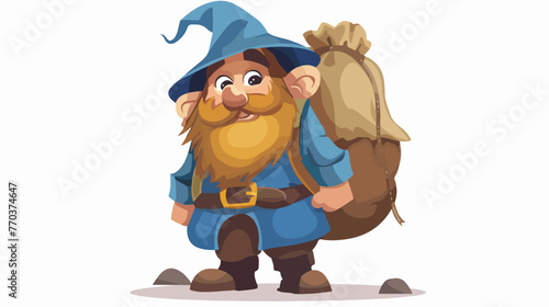 Cartoon happy dwarf carrying sack Flat vector isolated