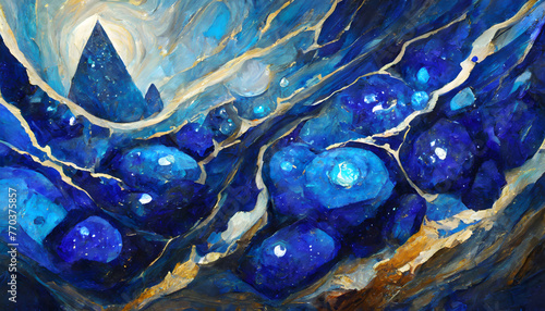 oil painting featuring the dreamlike textures of blue lapis lazuli. Generative AI. photo