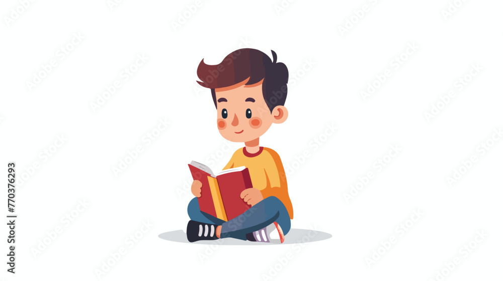 Cartoon little kid reading book Flat vector isolated
