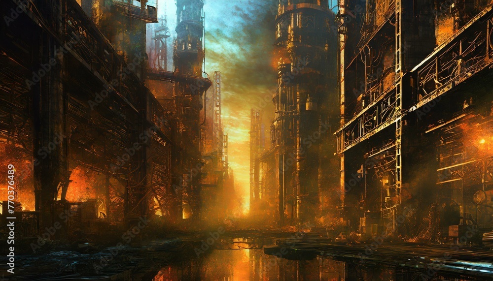 A post-apocalyptic city where nature has reclaimed modern buildings.