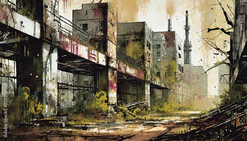  A post-apocalyptic urban landscape, reclaimed by nature, with overgrown buildings 