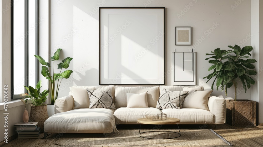 Stylish living room interior with armchairs and art decoration with mock up poster frame Stylish living room interior with armchairs and art decoration with mock up poster frame