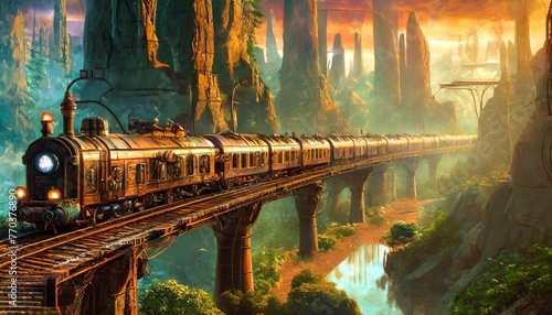 A scene of a futuristic train passing through a landscape blending cyberpunk and nature.