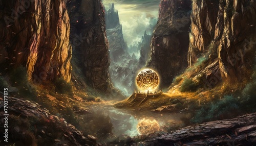 A surreal scene featuring a glowing sphere situated in a canyon. The canyon is filled  photo