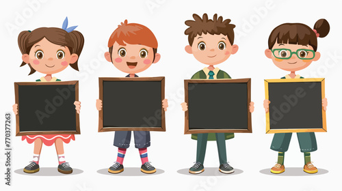 Cartoon school children with blank chalkboard Flat vector