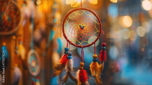 Beautiful colorful dream catcher for sell in souvenir shop on blurred background ,Collection of colorful bird feather for decoration,Dream catcher on the bright multicolored background