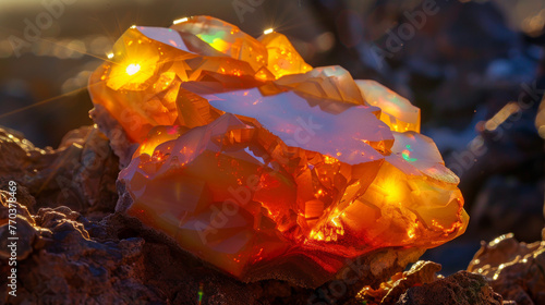 Magnificent crystal cluster radiates a warm glow, highlighting its intricate facets and natural crystal structure