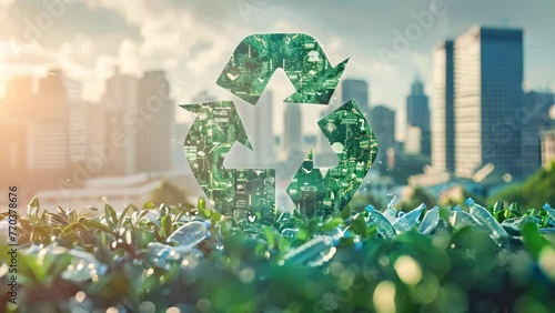  Recycling symbol made of electronic circuits on a cityscape background photo