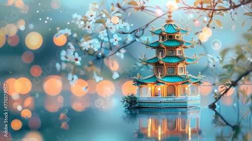 asian pagoda with lights on the lake illustration poster background 