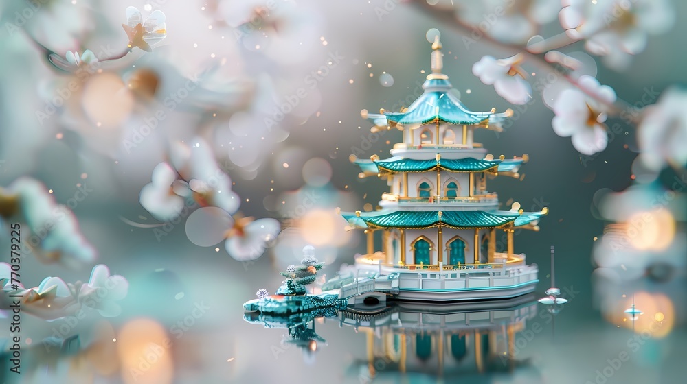 Obraz premium asian pagoda with lights on the lake illustration poster background 
