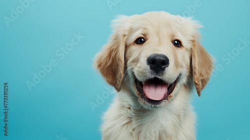 a cheerful goldne retriever canine pup on a light blue background © Emma