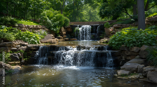 Summer Greenery Framing Waterfall: Highlighting Natural Beauty in Vibrant Seasonal Surroundings