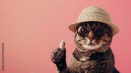 a wonderful feline in dark shades and a straw cap holding a thumb up as an indication of brilliant work a disengaged pink background
