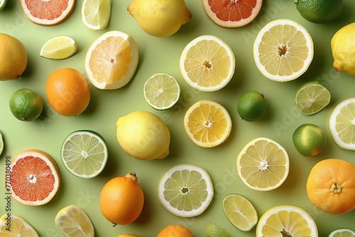 Vibrant citrus fruits on a green background.