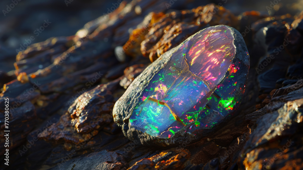 As sunlight bathes an opal rock, its fiery glimmer reflects a spectrum of colors against the rugged stone bed As sunlight bathes an opal rock, its fiery glimmer reflects a spectrum of colors against the rugged stone bed