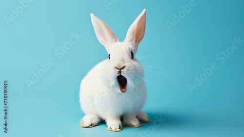 Shocked charming white rabbit on a blue background © Emma
