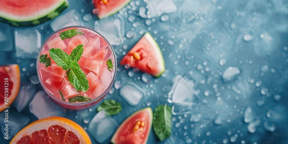 Refreshingly cool watermelon drink with mint on a blue icy background. Refreshingly cool watermelon drink with mint on a blue icy background.