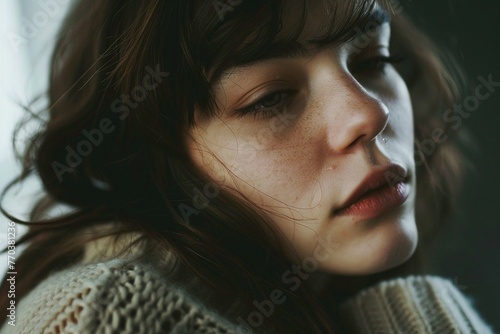 Foto einer traurigen Frau mit Depressionen, leerer Blick  photo