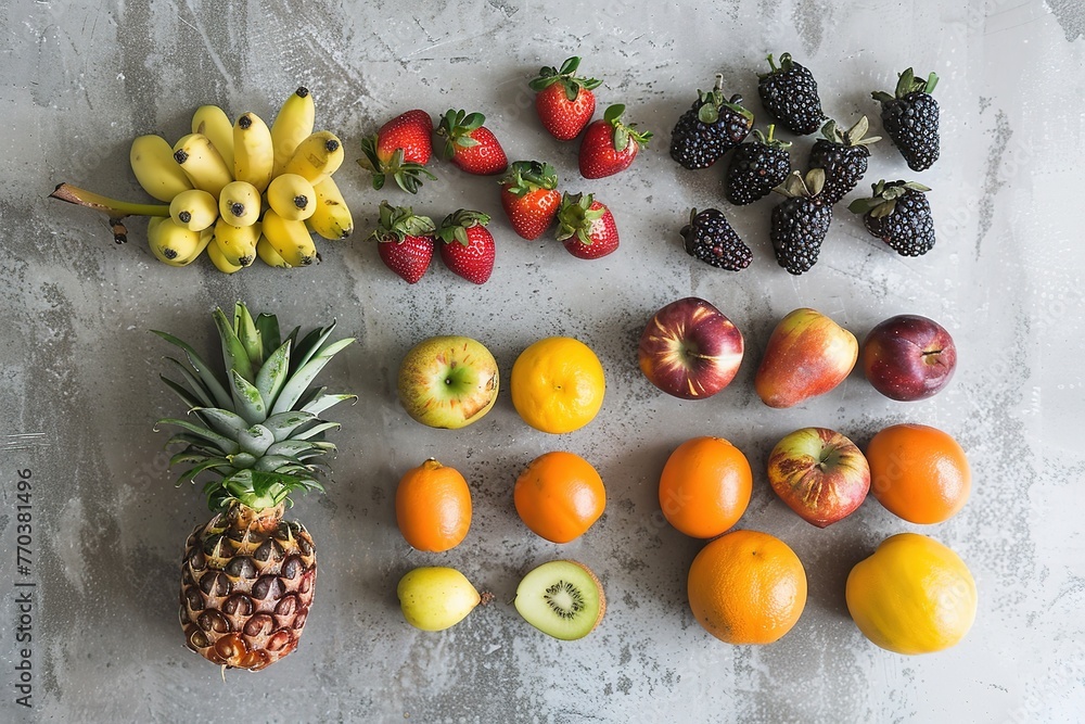 Assorted fresh fruits arranged on a gray surface, displaying vibrant colors.