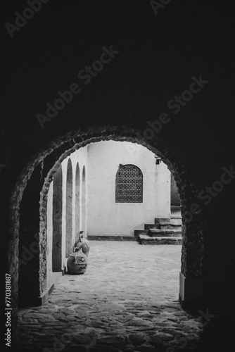 Black and white stairwells of an ancient city in Africa. photo