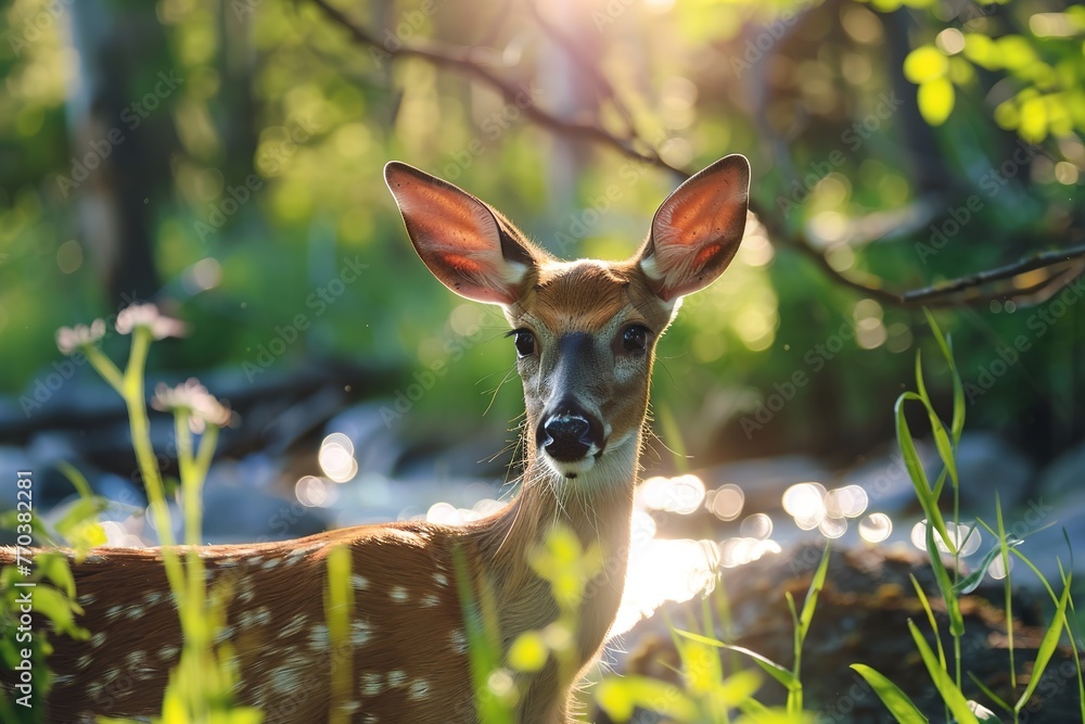 A young deer in a sunlit forest, alert and looking at the camera. A young deer in a sunlit forest, alert and looking at the camera.