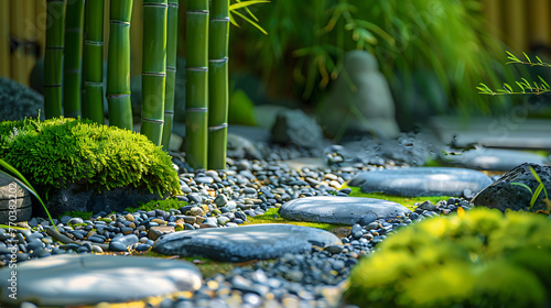 Zen garden on stones with bamboo with green color. Generative AI illustration 