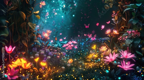 colorful fantasy forest foliage at night, glowing flowers and beautifuly magical fairies, bioluminescent fauna as wallpaper background