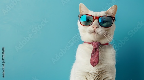 Stylish white feline in shades and necktie against a blue background © Emma